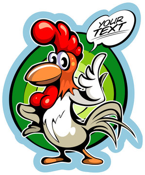 Cartoon style white rooster with the comics text box.