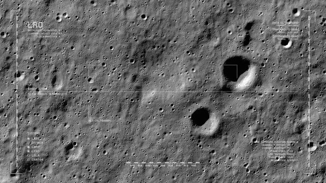 LRO imaging flyover: south polar highlands, southeast of Casutus crater. LAT -76.96 LONG 341.28. Clip loops and is reversible. Scientifically accurate HUD. Elements of this image furnished by NASA