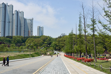 Fototapeta na wymiar Gwangkyo, South Korea - April 29, 2018 : A view of the citizens of Gwangkyo enjoying the Gwangkyo Lake Park in South Korea.
