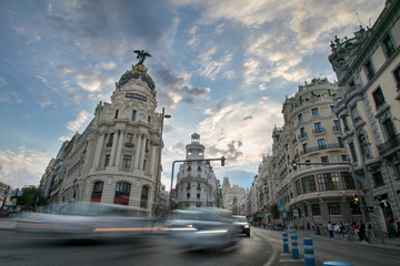 Fototapeta na wymiar Madrid, Spain cityscape at Calle de Alcala and Gran Via. The center of the city.