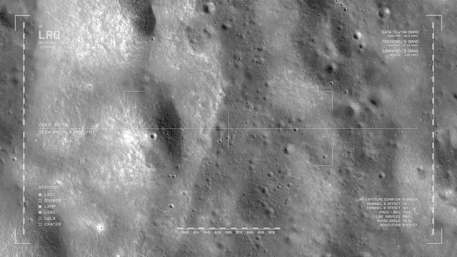 LRO imaging flyover: foothills of the western Montes Jura range. LAT 44.51 LONG 323.7. Clip loops and is reversible. Scientifically accurate HUD. Elements of this image furnished by NASA