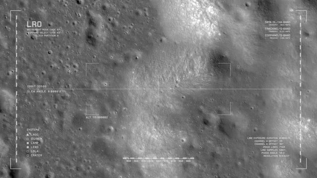 LRO imaging flyover: foothills meet plains, western Montes Jura range. LAT 44.51 LONG 323.7. Clip loops and is reversible. Scientifically accurate HUD. Elements of this image furnished by NASA
