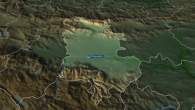 Plovdiv - province of Bulgaria with its capital zoomed on the physical map of the globe. Animation 3D