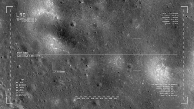 LRO imaging flyover: fields of new craters and ejecta, Mare Insularum. LAT 13.61 LONG 325.61. Clip loops and is reversible. Scientifically accurate HUD. Elements of this image furnished by NASA
