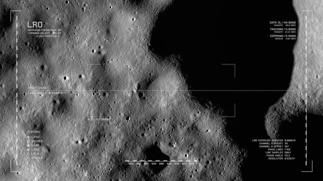 LRO imaging flyover: rolling terrain NNE of Chaplygin Crater. LAT -1.73 LONG 149.15. Clip loops and is reversible. Scientifically accurate HUD. Elements of this image furnished by NASA