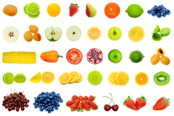 Fruits and vegetables collection isolated on white background, top view. Fresh ripe fruit and berries set.
