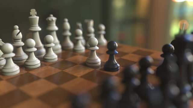 Beginning of the chess game. Pawns move. Chessboard close-up, realistic 3D animation