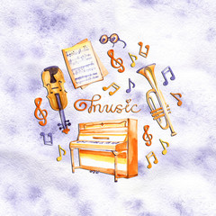 Watercolor sketch grand piano. Jazz illustration. Music lettering