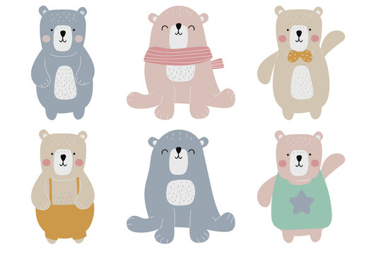 Simple pastel bear character.Vector illustration character doodle cartoon