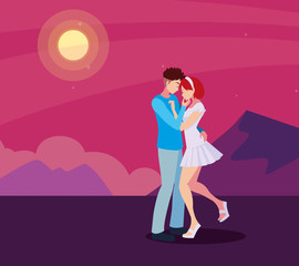 romantic couple hugging sun landscape