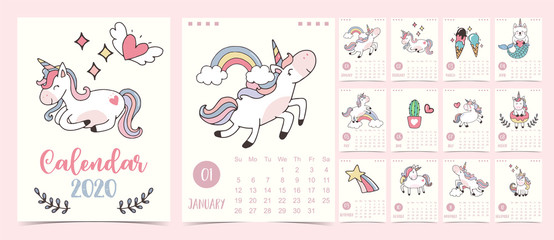 Fototapeta premium Doodle pastel calendar set 2020 with unicorn,rainbow,ice cream for children.Can be used for printable graphic