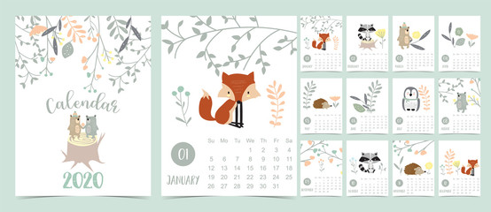 Fototapeta Doodle pastel woodland calendar set 2020 with fox,porcupine,penguin,bear,skunk,flower,leaves for children.Can be used for printable graphic.Editable element obraz
