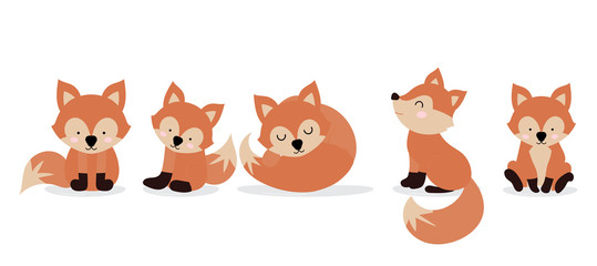 Obraz premium Cute fox character are standing,sitting and sleeping. Vector illustration for birthday invitation,postcard and sticker.Editable element