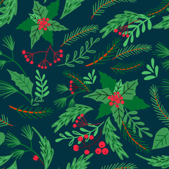 Seamless Christmas Pattern with Blue and Green Spruce Branches, Mistletoe and Berries.