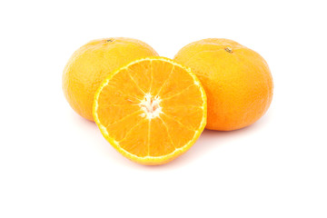 Fresh mandarin orange full and half fruit isolated on white background