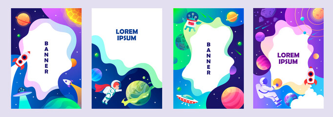 Set of vertical space banners. Cosmic children's style. Template for diploma, poster, invitation, cover. Vector.