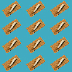 Background of smoked fish on a piece of toast on a blue background. Art collage.