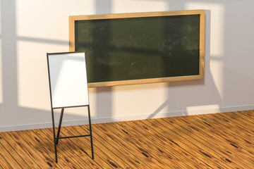 A classroom with a blackboard in the front of the room, 3d rendering.