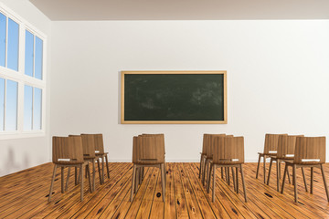 A classroom with chairs inside and a blackboard in the front of the room, 3d rendering.