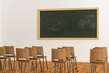 A classroom with chairs inside and a blackboard in the front of the room, 3d rendering.