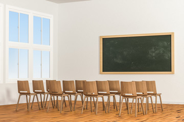 A classroom with chairs inside and a blackboard in the front of the room, 3d rendering.