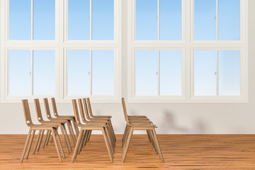 A classroom with chairs inside, 3d rendering.
