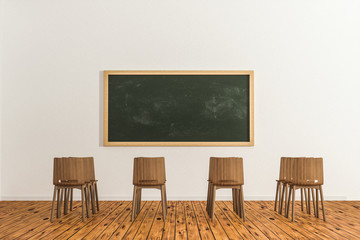 A classroom with chairs inside and a blackboard in the front of the room, 3d rendering.