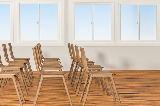 A classroom with chairs inside, 3d rendering.