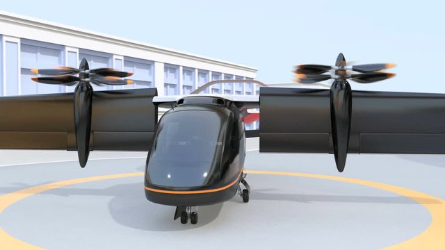 E-VTOL passenger aircraft taking off from airport. Urban Passenger Mobility concept. 3D rendering animation.