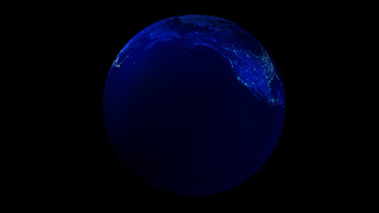 The night half of the Earth from space showing North America and Asia.