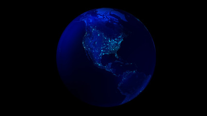 The night half of the Earth from space showing North and South America.
