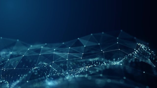 Abstract Plexus Digital Blue Color Wave Triangulation Shapes on digital blue color wave with flowing small particles dance motion on wave and light abstract background. Cyber or technology background.