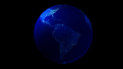 The night half of the Earth from space showing North and South America.