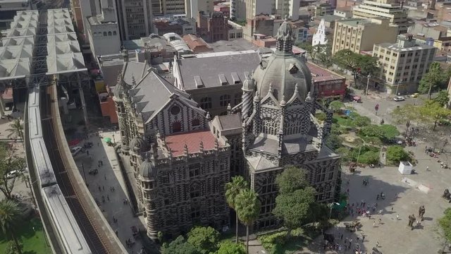 Slow motion rotating shot of Rafael Uribe Uribe Palace of Culture in Medellin, Colombia