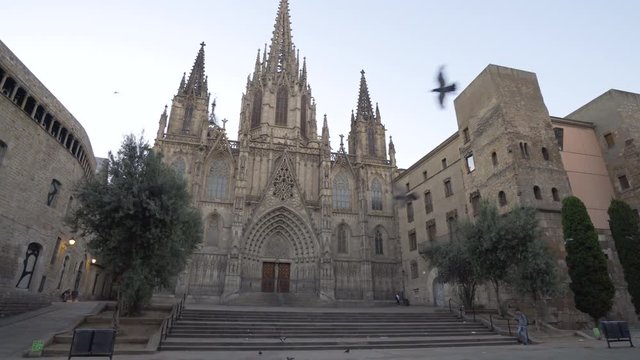 Impressive Barcelona Cathedral (Cathedral of the Holy Cross and Saint Eulalia) exterior, barri Gothic Quarter.
