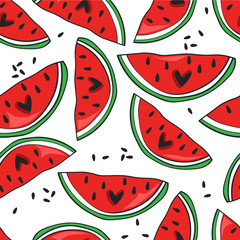 Fresh fruits, hand drawn backdrop. Colorful wallpaper vector. Seamless pattern with ripe watermelons. Decorative illustration, good for printing. Overlapping background design