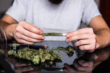 Man preparing and rolling marijuana cannabis joint. Close up of addict lighting up marijuana joint...