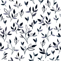 Black and white, branches and leaves, seamless vector illustration