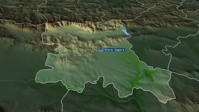 Stara Zagora - province of Bulgaria with its capital zoomed on the physical map of the globe. Animation 3D