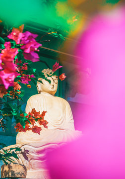 Stone carved statue of Buddha surrounded with colorful flowers