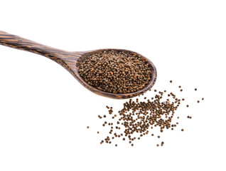 sesame in wood spoon isolated on white background