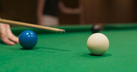 Close up of Snooker shooting on snooker table