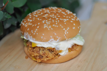 chicken burger or hamburger, bread with stuffed
