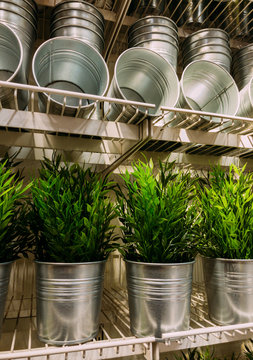 Plastic green plants on alluminium flowerpots