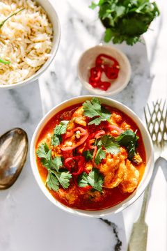 Home cooked chicken curry with spiced rice.