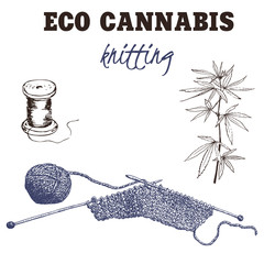 Yarn made of cannabis vector illustration. Knitting from cannabis yarn and threads. Eco concept of textile.