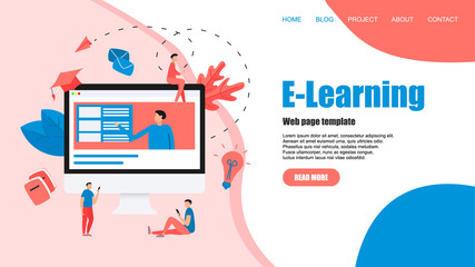 Webpage template with Online education or web course with distance teacher. E-learning concept	