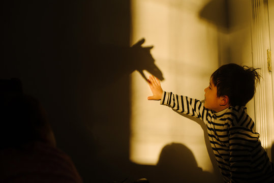 Child smiling at hand shadow puppets on wall