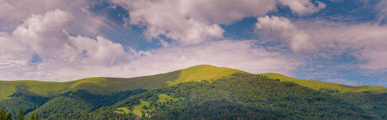 Beautiful wide panorama of green Carpathian mountain peak, under blue summer sky with clouds.