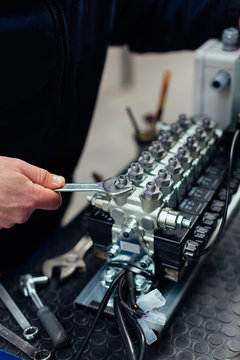 Reparing an engine in the factory.